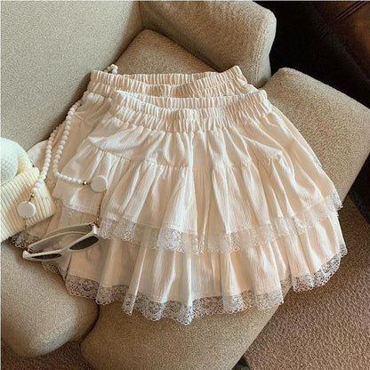 Elastic Waist Tiered Mini Skirt with Lace Trim - A-Line