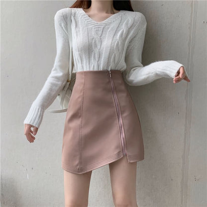 Asymmetric Pencil Skirt - High Waist Mini Length