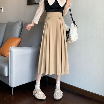 Accordion Pleated Midi Skirt - High Rise A-Line Solid