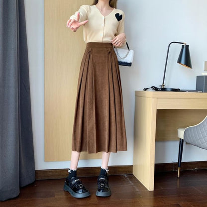 Accordion Pleated Midi Skirt - High Rise A-Line Solid