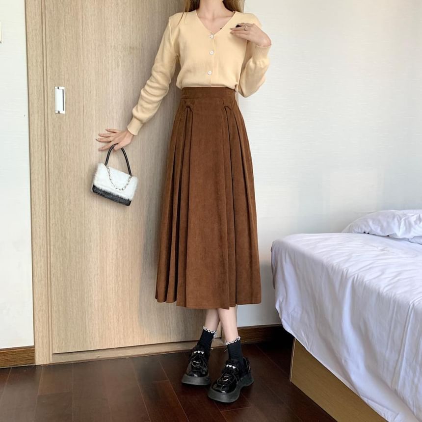 Accordion Pleated Midi Skirt - High Rise A-Line Solid