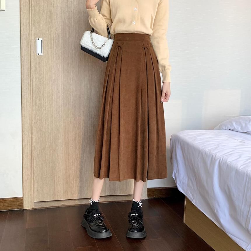 Accordion Pleated Midi Skirt - High Rise A-Line Solid