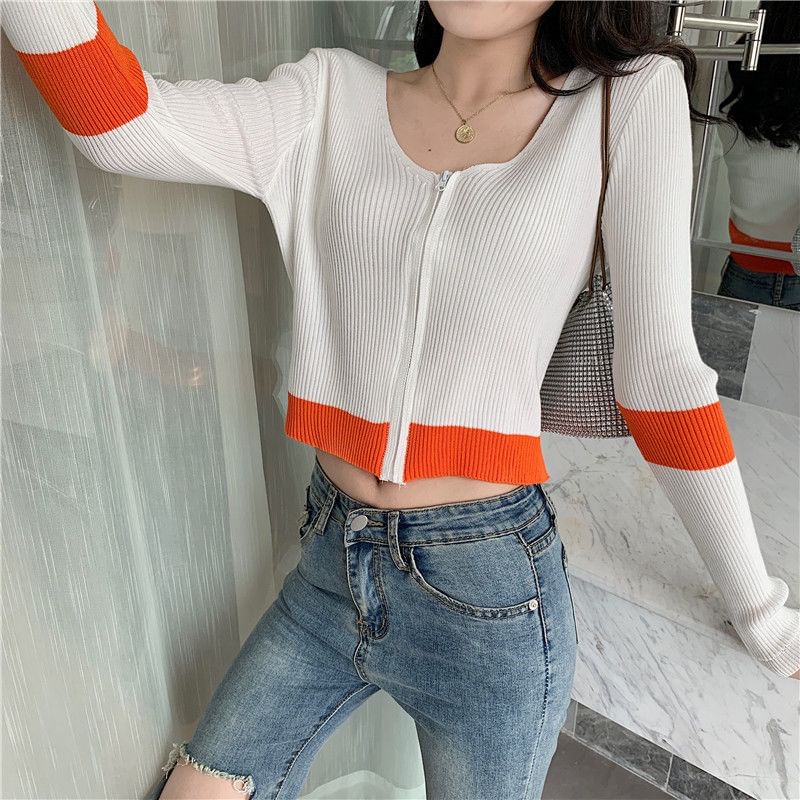 Striped Ribbed Cropped V-Neck Zip Cardigan