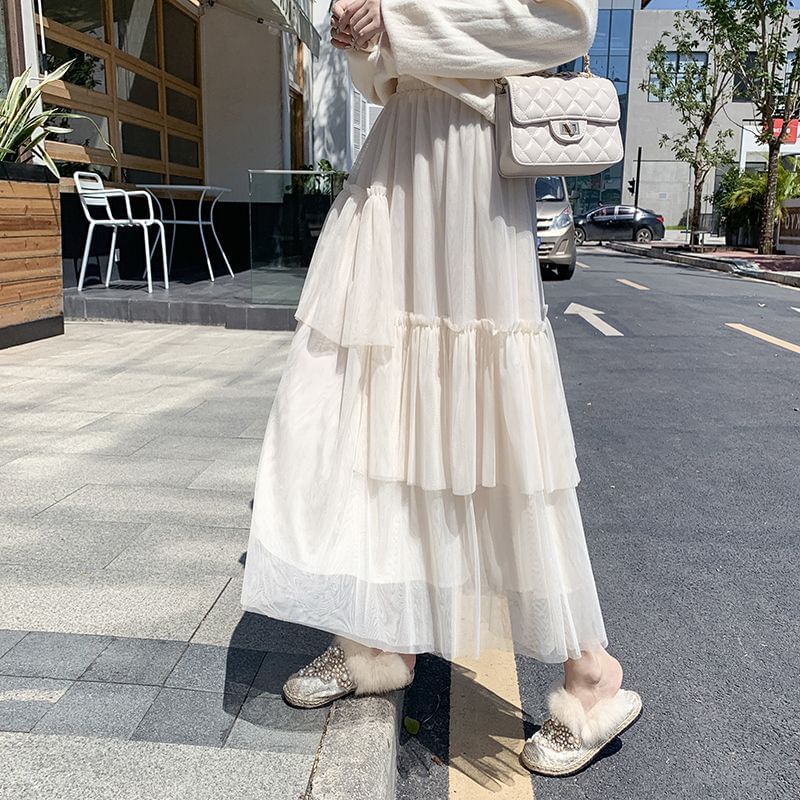 Ruffle Hem Midi Skirt - Asymmetric High Waist