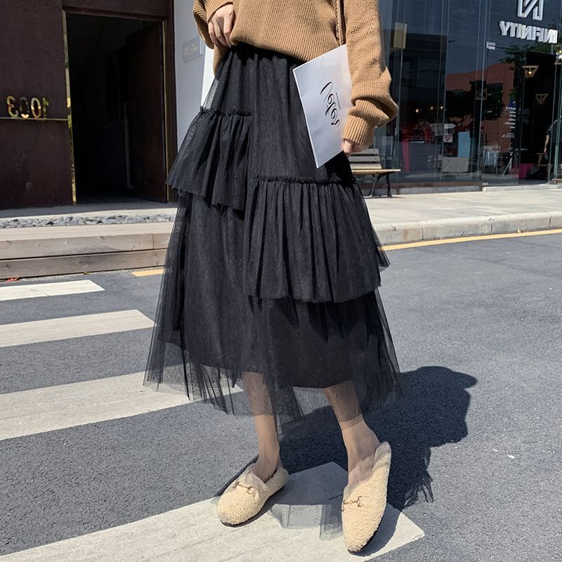 Ruffle Hem Midi Skirt - Asymmetric High Waist