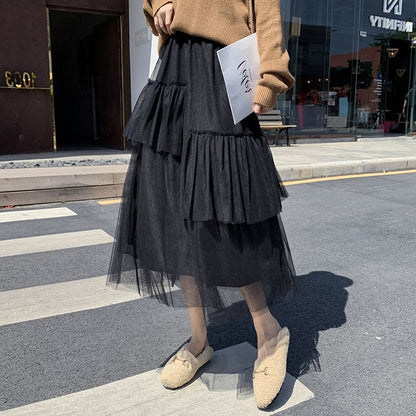 Ruffle Hem Midi Skirt - Asymmetric High Waist