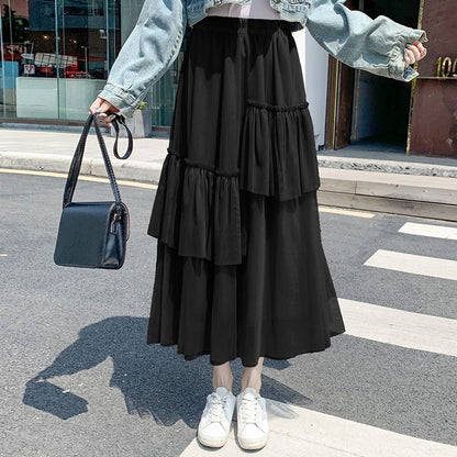Ruffle Hem Midi Skirt - Asymmetric High Waist