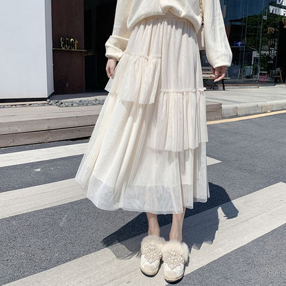 Ruffle Hem Midi Skirt - Asymmetric High Waist