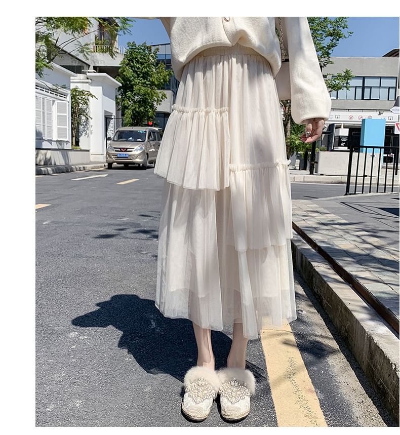 Ruffle Hem Midi Skirt - Asymmetric High Waist