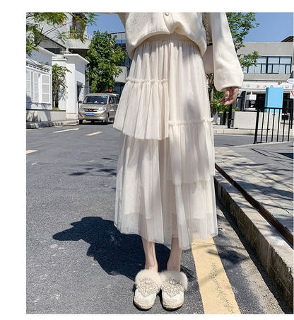Ruffle Hem Midi Skirt - Asymmetric High Waist