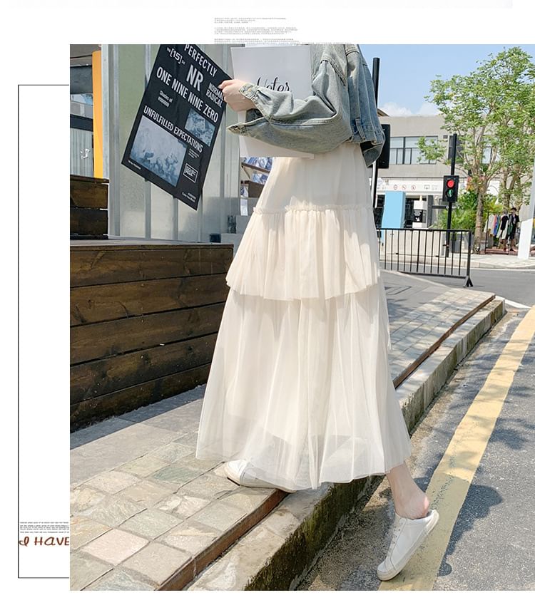 Ruffle Hem Midi Skirt - Asymmetric High Waist