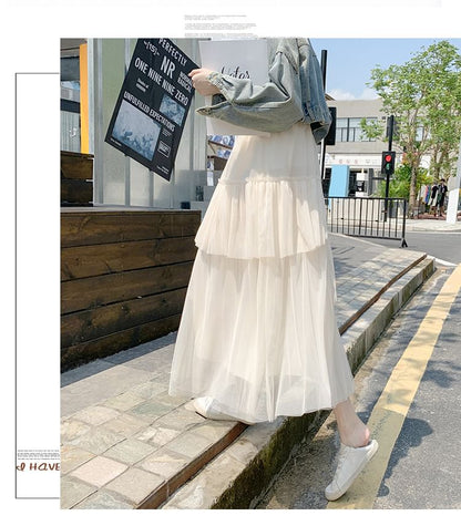 Ruffle Hem Midi Skirt - Asymmetric High Waist