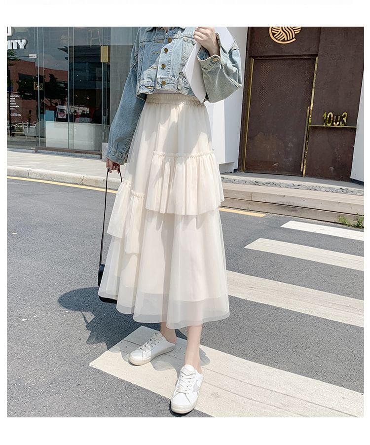 Ruffle Hem Midi Skirt - Asymmetric High Waist