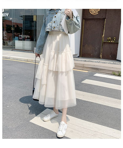 Ruffle Hem Midi Skirt - Asymmetric High Waist