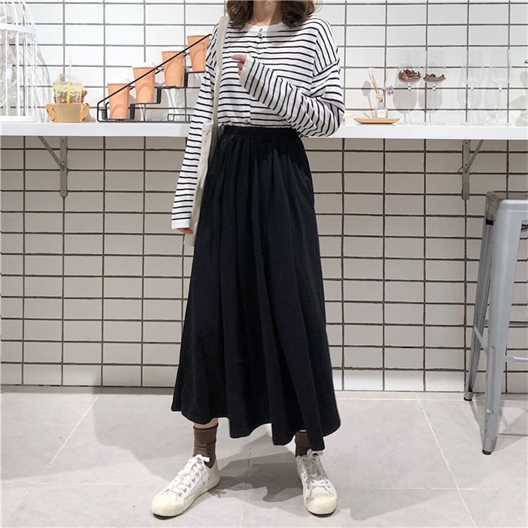 Pleated Maxi Skirt - High Rise A-Line with Accordion Folds