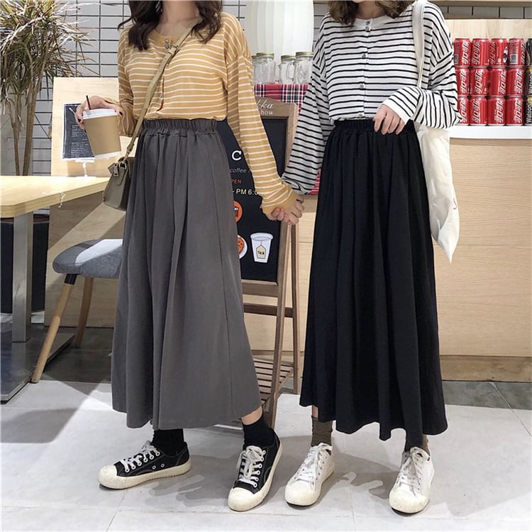 Pleated Maxi Skirt - High Rise A-Line with Accordion Folds