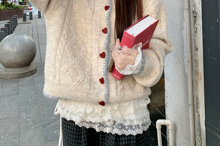 Collared Cable Knit Cardigan & Plaid Baggy Pants Set