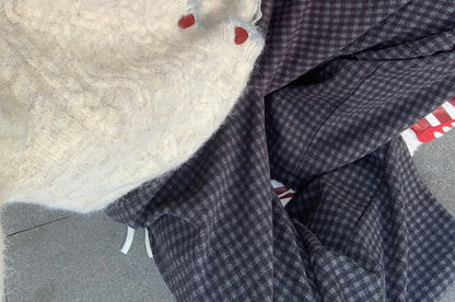 Collared Cable Knit Cardigan & Plaid Baggy Pants Set