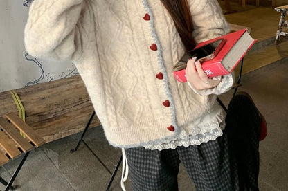 Collared Cable Knit Cardigan & Plaid Baggy Pants Set