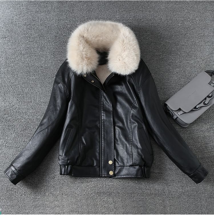 Faux Fur Faux Leather Zip-Up Jacket
