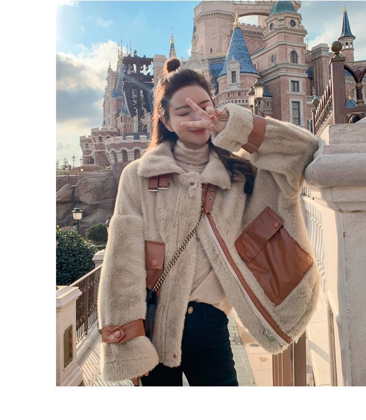 Collared Faux Fur Zip-Up Jacket