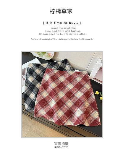 Checkered High-Waist Wool Mini Skirt