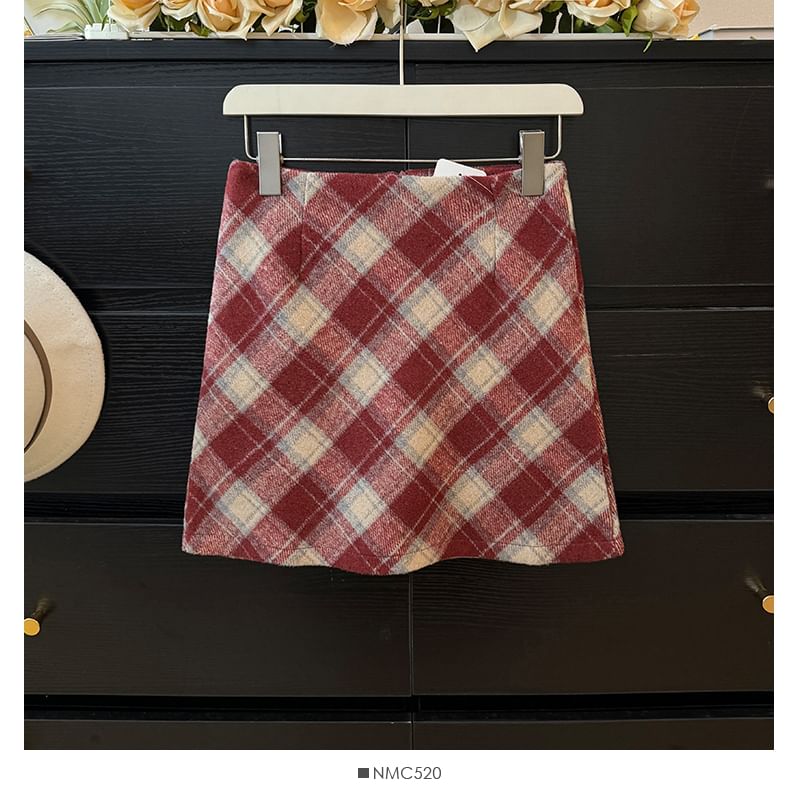 Checkered High-Waist Wool Mini Skirt