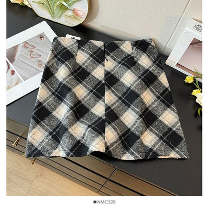 Checkered High-Waist Wool Mini Skirt