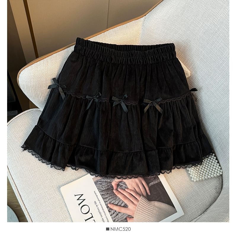 Layered Mini Skirt with Lace Trim - Tiered Design