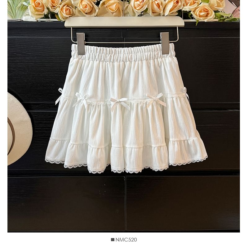 Layered Mini Skirt with Lace Trim - Tiered Design