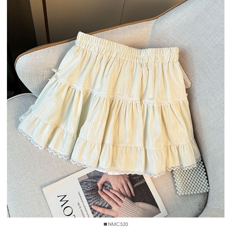 Layered Mini Skirt with Lace Trim - Tiered Design