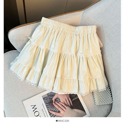 Layered Mini Skirt with Lace Trim - Tiered Design