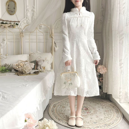 Long-Sleeve Floral Fluffy Trim Lace Midi A-Line Qipao