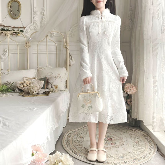 Long-Sleeve Floral Fluffy Trim Lace Midi A-Line Qipao
