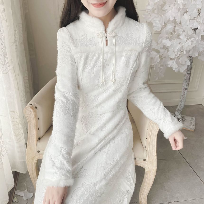 Long-Sleeve Floral Fluffy Trim Lace Midi A-Line Qipao