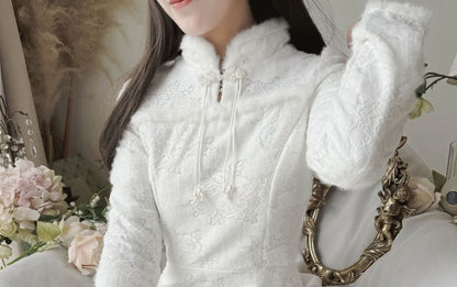 Long-Sleeve Floral Fluffy Trim Lace Midi A-Line Qipao
