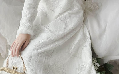 Long-Sleeve Floral Fluffy Trim Lace Midi A-Line Qipao