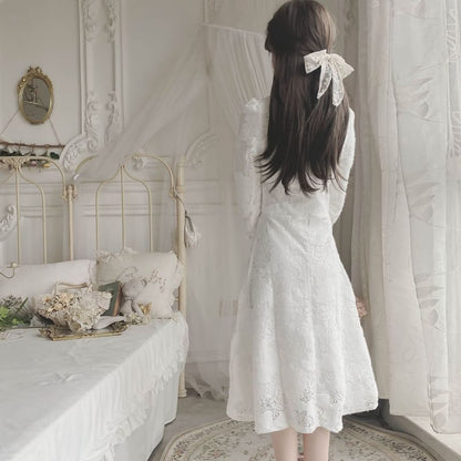 Long-Sleeve Floral Fluffy Trim Lace Midi A-Line Qipao