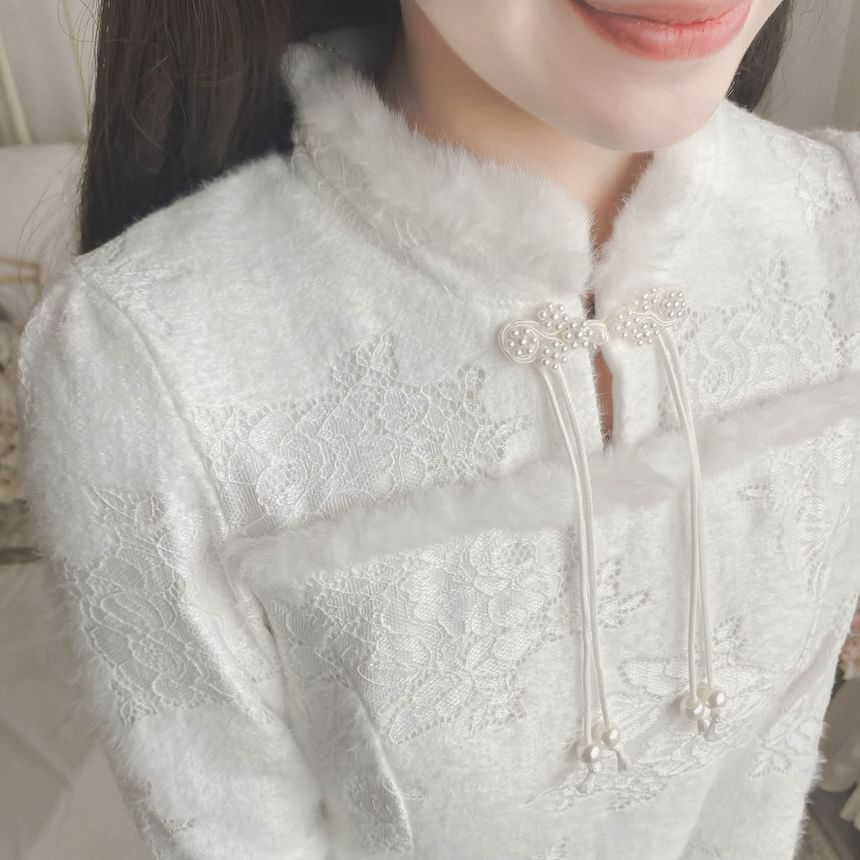 Long-Sleeve Floral Fluffy Trim Lace Midi A-Line Qipao
