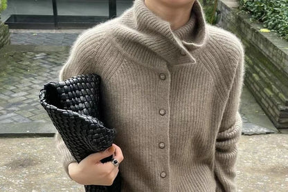 Turtleneck Button Front Solid Knit Cardigan