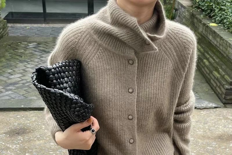 Turtleneck Button Front Solid Knit Cardigan