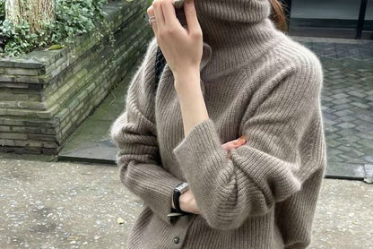 Turtleneck Button Front Solid Knit Cardigan