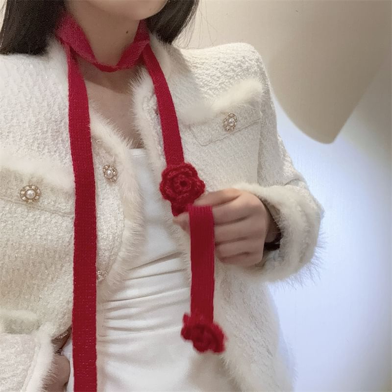 Flower Detail Knit Narrow Scarf