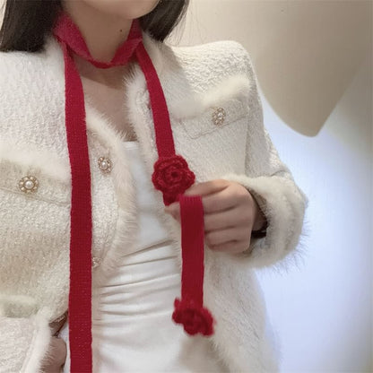 Flower Detail Knit Narrow Scarf