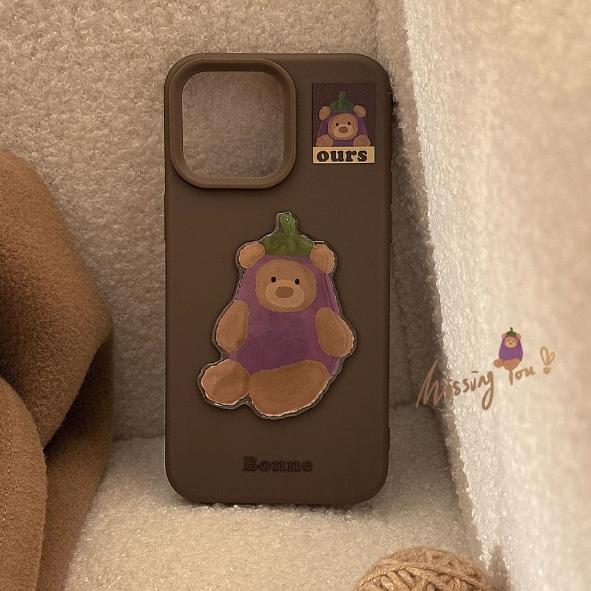 Bear Eggplant Phone Case / Pom Pom Bell Charm / Set