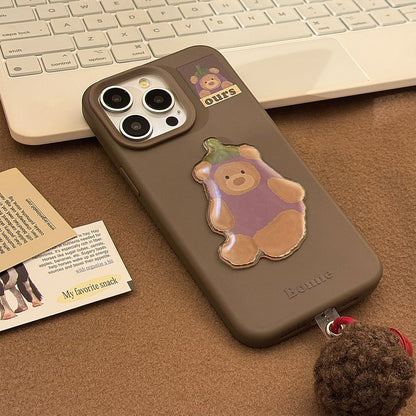Bear Eggplant Phone Case / Pom Pom Bell Charm / Set