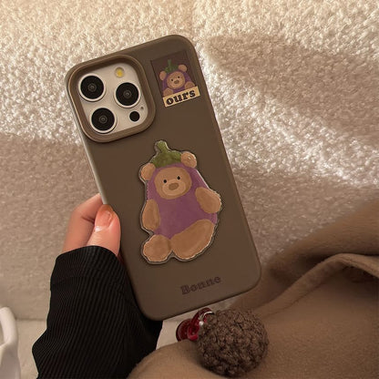 Bear Eggplant Phone Case / Pom Pom Bell Charm / Set