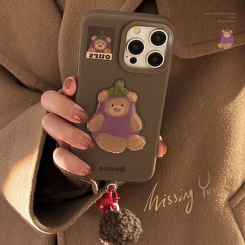 Bear Eggplant Phone Case / Pom Pom Bell Charm / Set