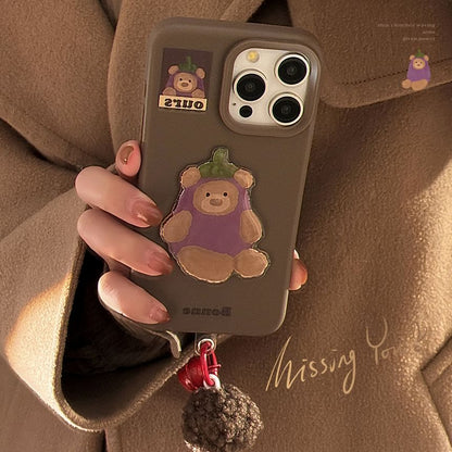 Bear Eggplant Phone Case / Pom Pom Bell Charm / Set