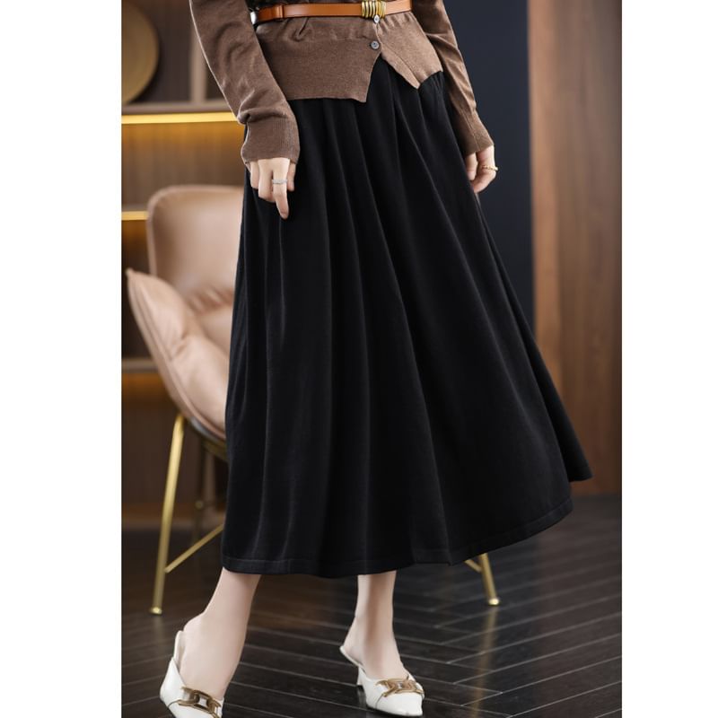 Stretch-Band Solid Midi Flared Skirt